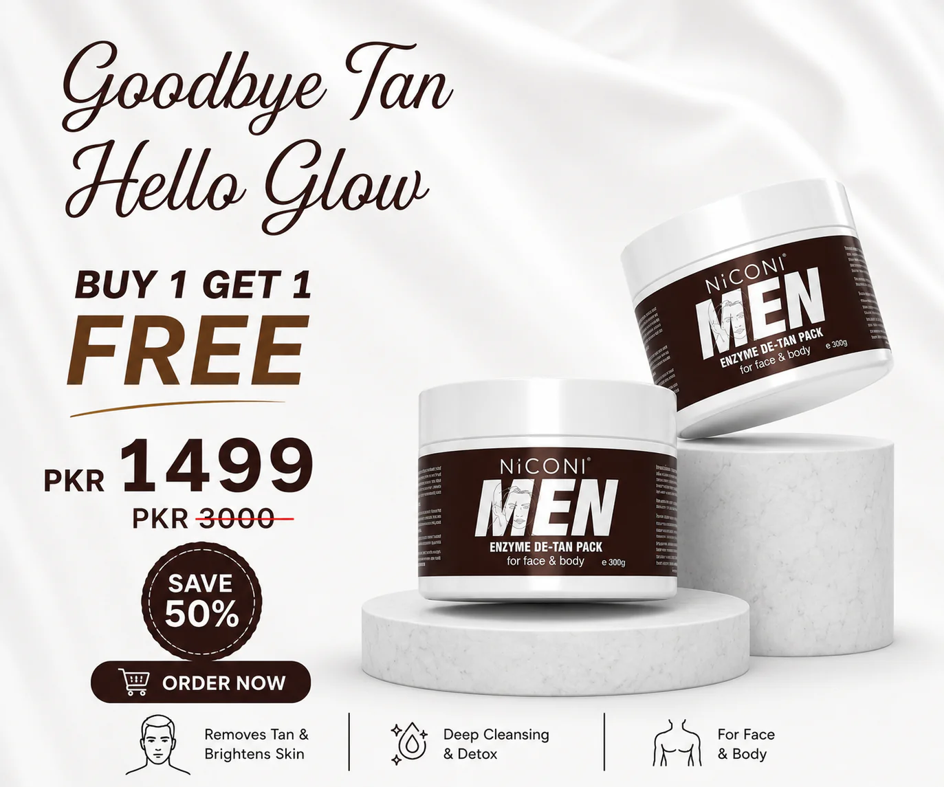 Niconi Men Enzyme De-Tan Cream | Tan Removal, Brightening & Deep Cleansing for Men | Buy 1 Get 1 Free