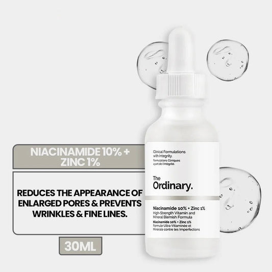 Skincare serum bottle with 'The Ordinary' branding on a white background